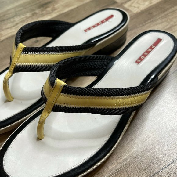 Prada Womens Yellow White Slip On Block Heel Flip Flop Sandal Size US 8 EUR 38.5 - Picture 4 of 6